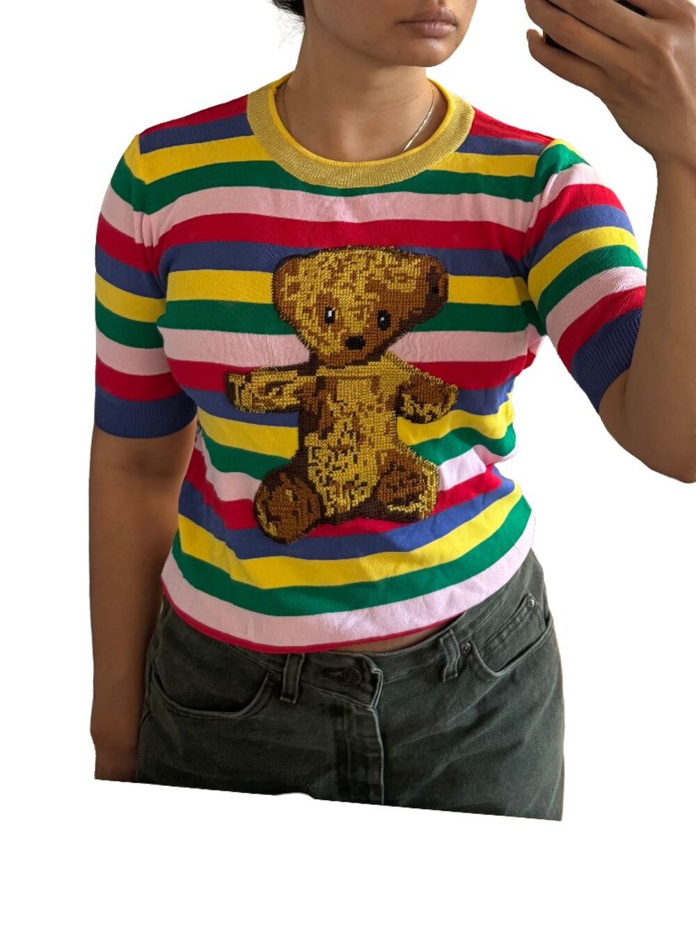 Rainbow Embroidered Teddy Bear Graphic T-Shirt | Y2K Cute & Fun